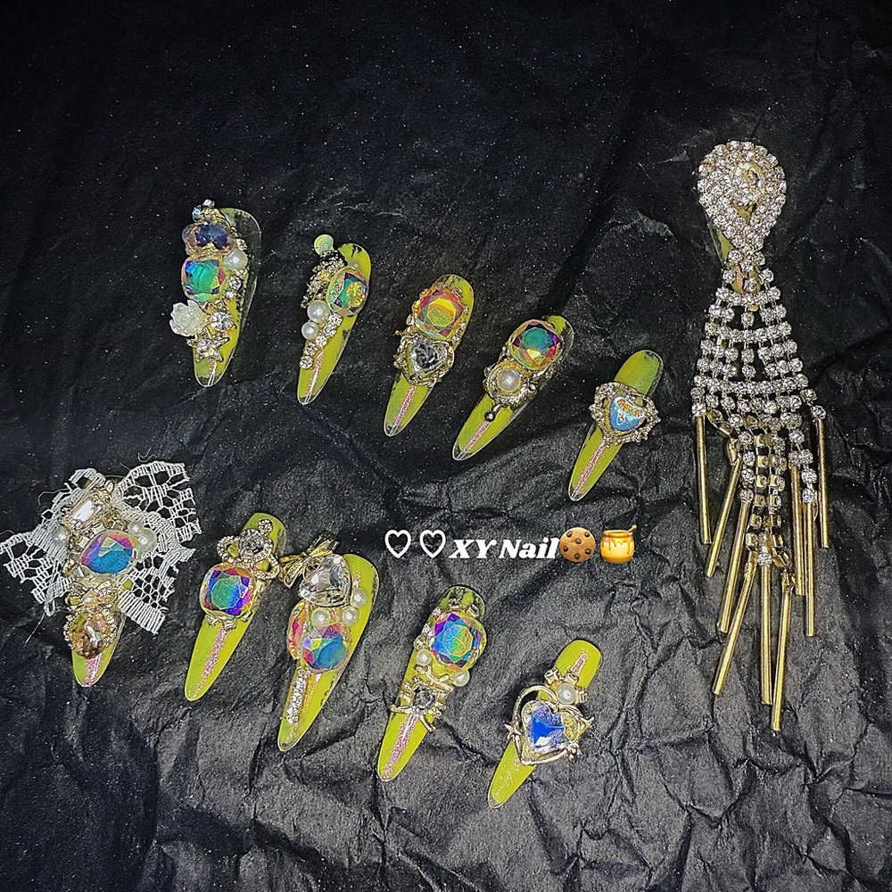 Neon Lime Crystal & Pearl Embellished Press-On Nail Set